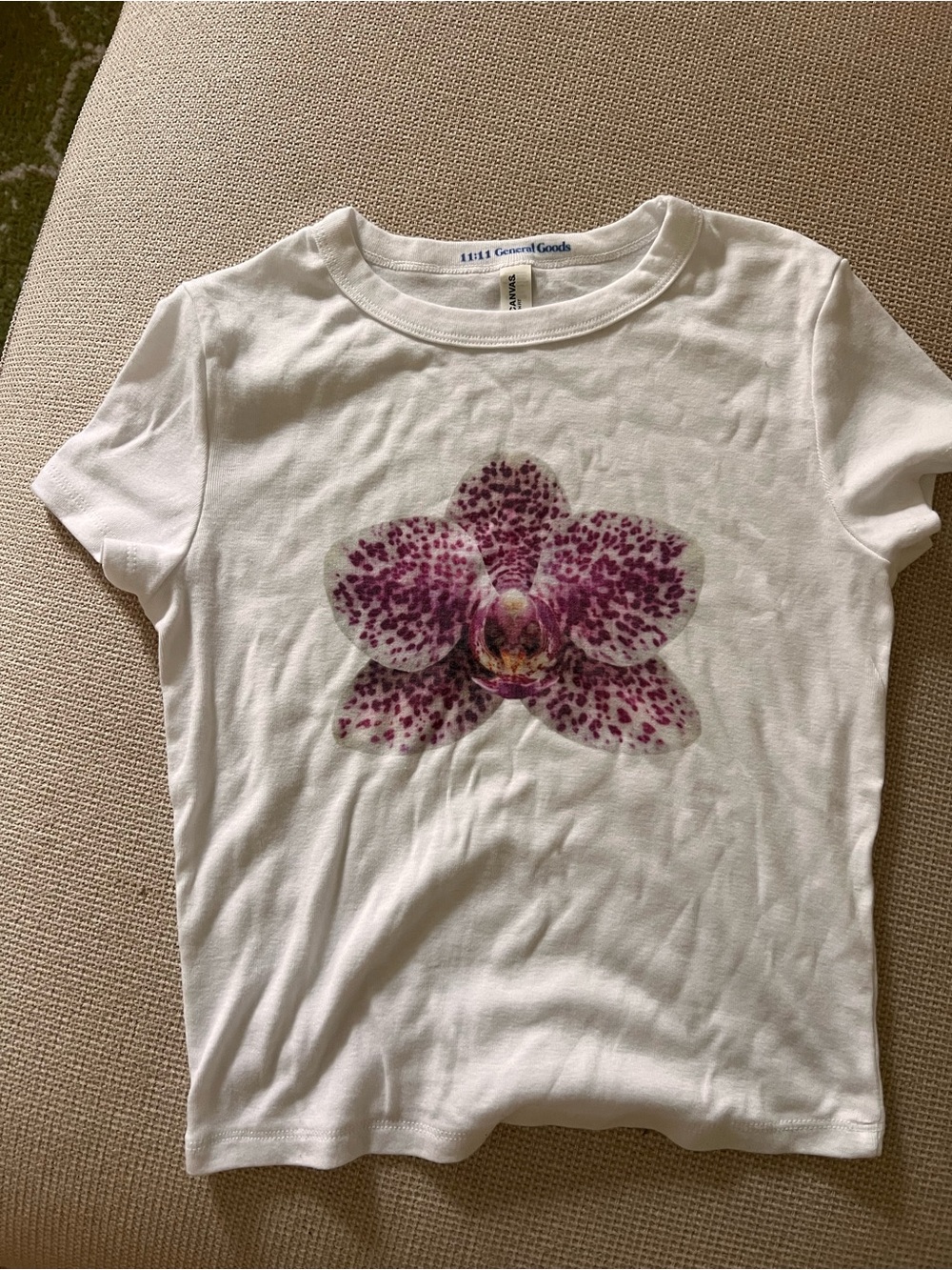 White Tee with Pink Speckled Orchid Graphic
